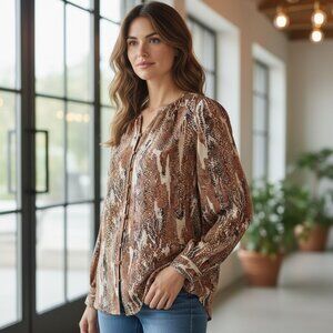 Nine West Womens Petite Snake Print Blouse Brown & Cream Long Sleeve Size PS